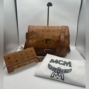 MCM Brown Monogram Crossbody Bag and Wallet Set